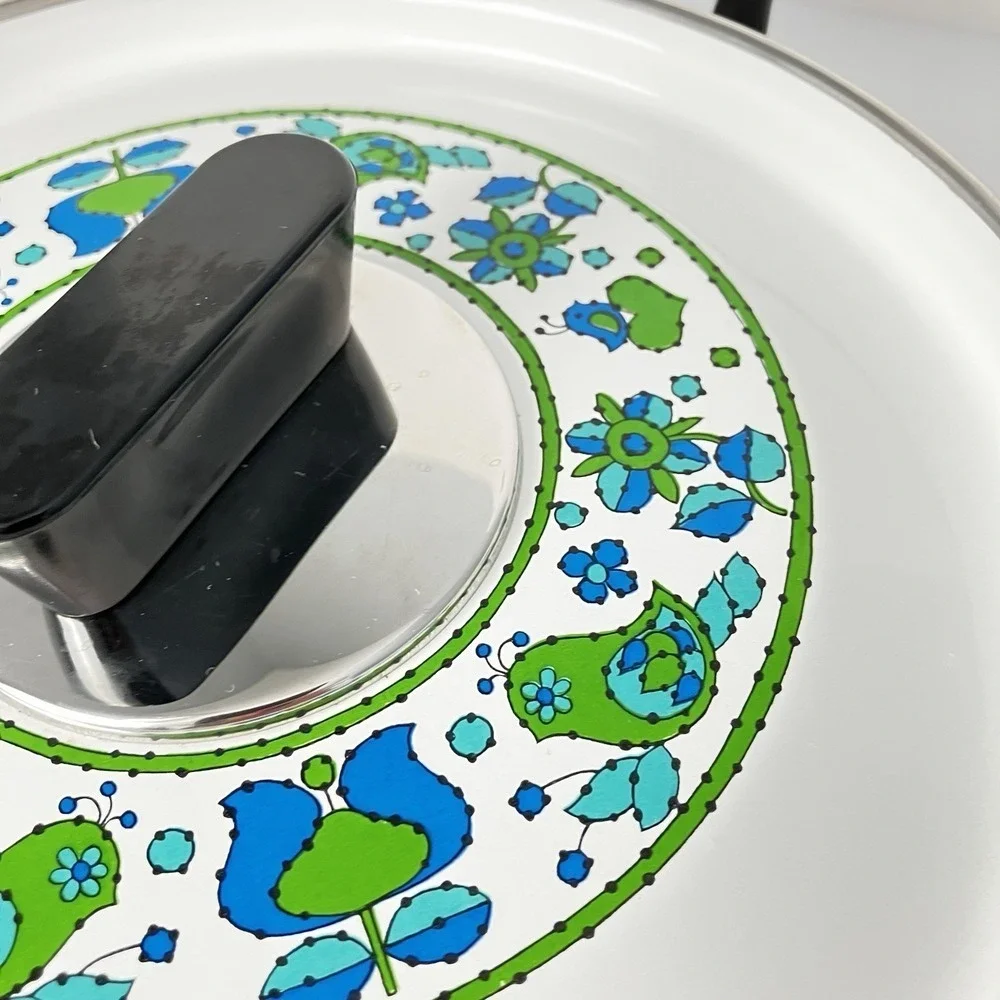Vintage Fancipans Enamel Saucepan Lid Green Blue Bird Folk Art 1970s Retro Kitch